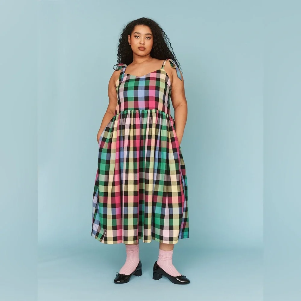 Lazy Oaf Checkmate Bow Strap Dress Rainbow Checkered L NWT Sold Out - Picture 8 of 15